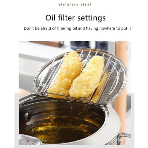 Deep Fryer Pot, Japanese Style Tempura Deep Fryer Frying Pot With Thermometer, Lid, Oil Drip Drainer Rack for French Fries Fish Shrimp Chicken 7.9 Inch/2.2 L 304 Stainless Steel Gifts - Thumbnail 5