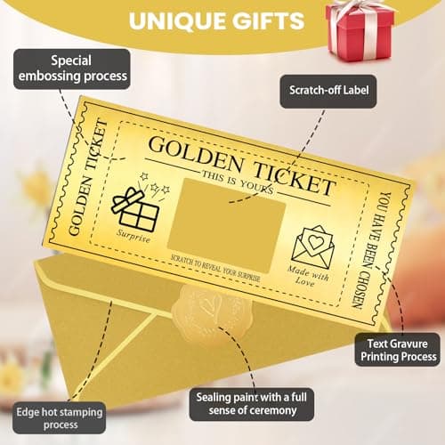 GEVOPREFRRED Golden Ticket with Envelopes, Scratch off Card Surprise Gift Reveal, Card as Perfect for Birthday Wedding Concert Ticket Cinema Voucher Raffle Gift - Thumbnail 2