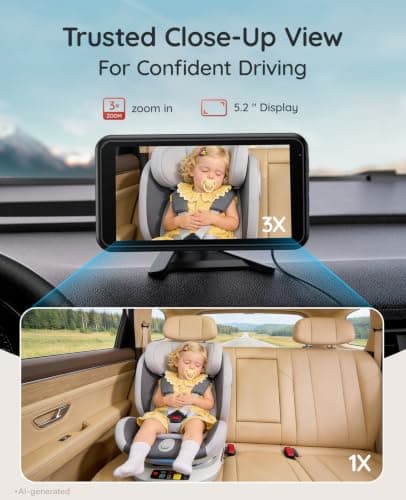 Babyvue Wireless Baby Car Camera, Easy 2-Step Setup, 5.2" Display, 1080P HD IR Night Vision, Clip-On or Strap Mount, 3X Zoom, Back Seat Camera for Baby - Thumbnail 5