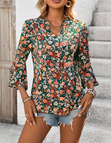 LOOKBOHO Boho Tops for Women 3/4 Sleeve Floral Blouses Ruffle Sleeve Button V-Neck Casual Business Shirts Orange XXL - Thumbnail 6