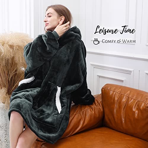 Kipswiza Oversized Wearable Blanket Hoodie Gifts for Mom Dad, Soft Warm Sherpa Fleece Blankets Sweatshirt with Big Pockets for Women Men Dad Mom Friends (Greenish-Gray) - Thumbnail 4