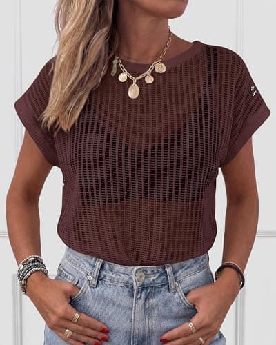 KIRUNDO Crochet Tops for Women 2026 Summer Beach Vacation Clothes Cover Up Mesh Top Lightweight Sweater Cruise Resort Wear(Brown, X-Large) - Thumbnail 4