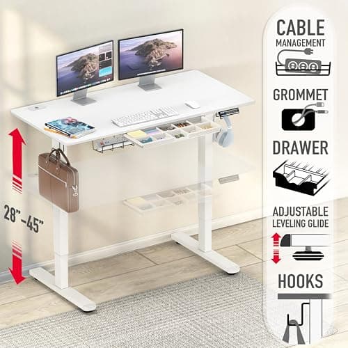 SHW 48-Inch Electric Height Adjustable Standing Desk with Drawer, Memory Preset and Cable Management Tray, White - Thumbnail 4