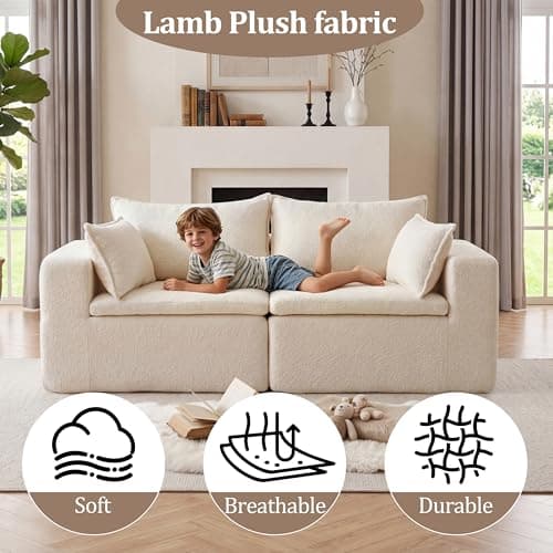 Boneless Loveseat Sofa, 2 Seater Couch with 4 Pillows, No Assembly Required, Soft High Density Foam Cushion, Modern Living Room Futon for Small Space Apartment and Office (White, 75.58" 2 Seaters) - Thumbnail 5