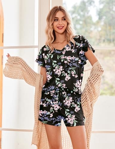 Ekouaer Ladies Sleeping Sets Flowers Printed Soft Pajamas Cute Ruffle Sleeve Comfy Sleepwear with Pockets Black Florals Small - Thumbnail 4