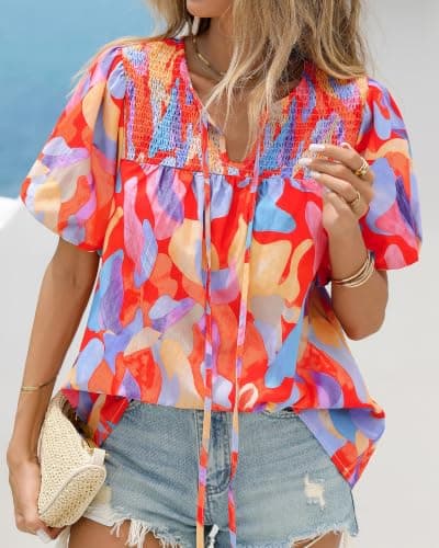KIRUNDO Boho Tops for Women Summer 2026 Dressy Floral Blouse V Neck Drawstring Short Sleeve Shirts Beach Vacation Clothes(Pink Multicolored, X-Large) - Thumbnail 4