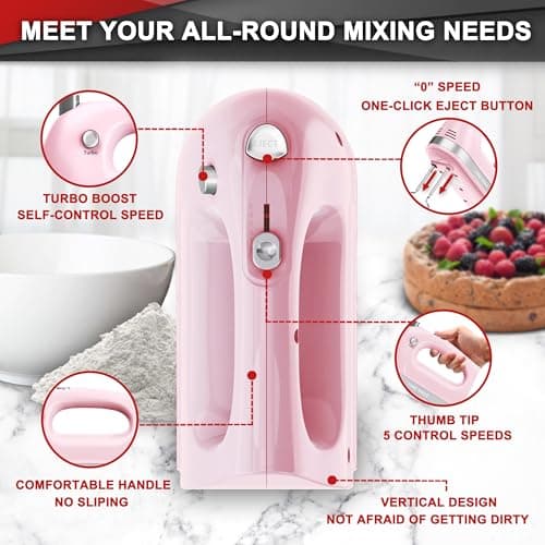 Lord Eagle Hand Mixer Electric Handheld 400W, 5-Speed Lightweight Kitchen Mixer with Storage Case, 5 Stainless Steel Attachments for Baking Cake Egg Cream Food Beater, Turbo+Eject Button, Pink - Thumbnail 3