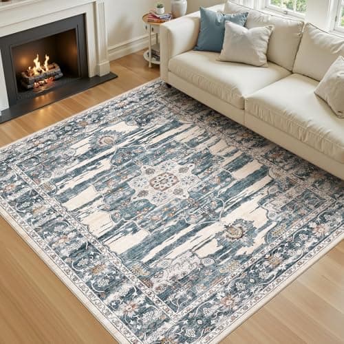 Jessibou Washable 6x9 Area Rug for Living Room - Ultra Soft Vintage Carpet with Non-Slip Backing, Stain Resistant Low-Pile Indoor Rug for Bedroom & Home Office, Kid & Pet Friendly - Blue - Image 1
