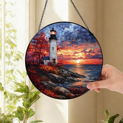 Zizzie Stained Glass Lighthouse Suncatcher, Twilight Ocean Sunset - Thumbnail 4