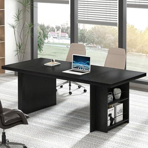 FOLUBAN 70" Black Computer Desk, Large Executive Desk for Home Office, Modern Wood Conference Table Workstation with Side Storage Shelves, Long Study Writing Gaming Table for 2 Person