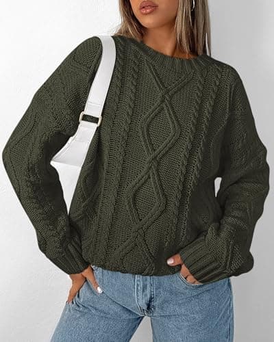 BTFBM Casual Women Long Sleeve Sweater 2025 Fall Ribbed Knit Pullover Loose Crewneck Cable Sweater Jumper Tops(Army Green,Small) - Thumbnail 6