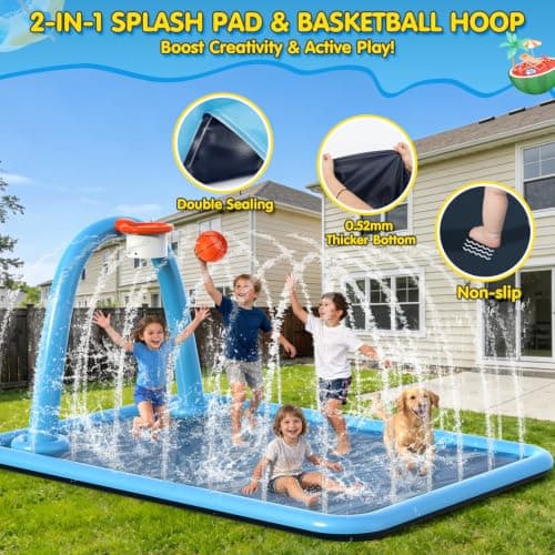 Instraella Splash Pad, 110x91'' 2-in-1 Large Sprinkler Mat with Basketball Hoop and Arch for Kids Outdoor Play, Shoot Game for Backyard, Inflatable Water OutdoorToys More Fun for Boys and Girls - Thumbnail 5