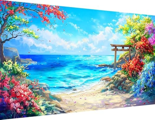 igoodom Large Diamond Painting, Large Beach Diamond Art Kits for Adults, Full Drill Round Big Flowers Diamond Painting, DIY Gem Art and Crafts for Home Wall Decor Gift 27.5 X 15.7inch