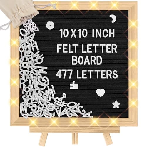 10 x 10 in Felt Letter Board with LED Lights,Changeable Message Board with Wooden Frame and Wall Mount Hook,Letter Board with 477 Letters for Pregnancy Announcement/Baby/Celebration/Home Decor(Black)