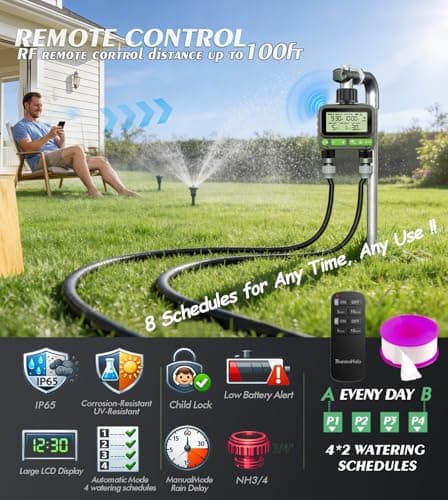 ThermoHalo Smart Sprinkler Timer with Remote, 8-Zone Programmable Dual Outlet Watering timers, IP65 Waterproof Automatic/Manual Hose Timer with Child Lock for Lawn, Yard, Garden, and Pool (Twin) - Thumbnail 2