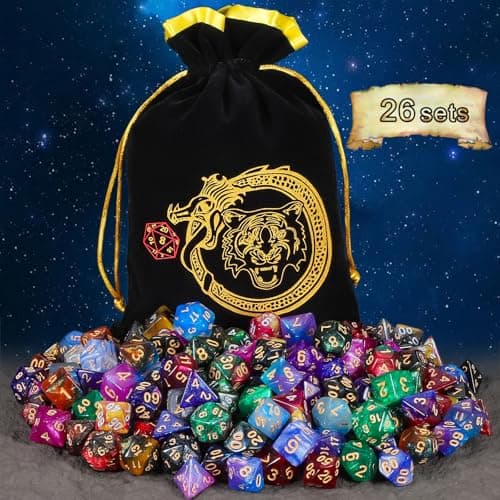 CiaraQ DND Dice Sets - 26 X 7 Polyhedral Dice (182pcs) with a Large Drawstring Bag for Dungeons and Dragons, Role Playing Table Game. Multiple Colors, Glitter Swirl Design with Gold Numbers. - Thumbnail 6