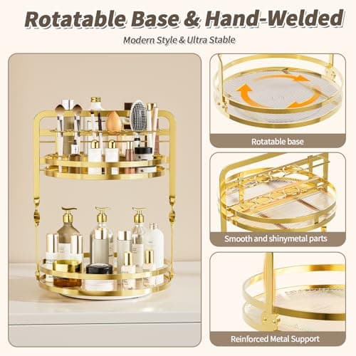 360° Rotating Makeup Organizer, 2-Tier Gold Perfume Organizer for Dresser, Bathroom Organizers Countertop, Perfume Shelf with Makeup Brush Holder, Skincare Holder Cosmetic Display(Gold) - Thumbnail 4