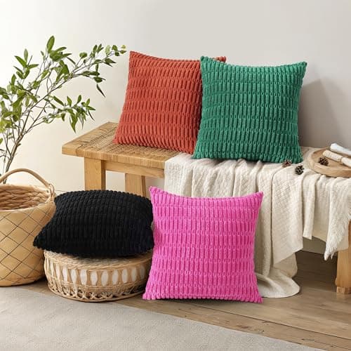 decorUhome Hot Pink Neutral Decorative Throw Pillow Covers 26x26 Inch Set of 2, Boho Soft Corduroy Striped Square Pillow Covers Modern Twill Pillow Covers for Couch Bed Sofa Living Room - Thumbnail 5