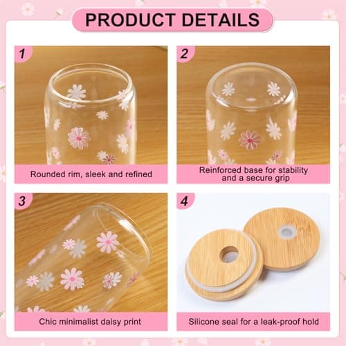 KMCCUMBER Cute Glass Cups with Lids and Straws, Teen Girl Birthday Gifts Daisy Iced Coffee Cup, Pink Aesthetic Mug Tumbler for Mothers Day Christmas Valentines Coffee Lover 16oz - Thumbnail 6