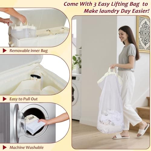 195L Laundry Hamper 3 Section,Large Laundry Hamper with Lid,Dirty Clothes Hamper with 3 Inner Bags,Collapsible Laundry Basket Organizer for Laundry Room,Bedroom,Laundry Sorter Hamper 3 Compartment - Thumbnail 6