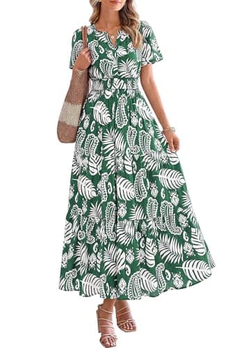 BTFBM Womens Summer Floral Maxi Dresses V Neck Short Sleeve Boho Casual Flowy Long Wedding Guest Dress Beach Vacation(Floral Green White, Small) - Image 1