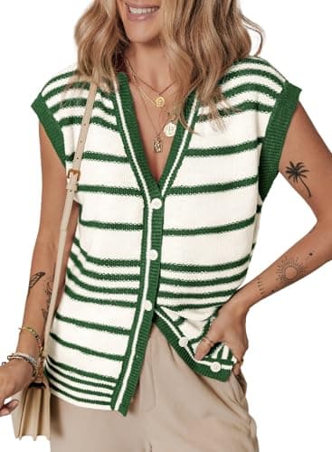 Dokotoo Sweater Vest Women Striped V Neck Button Women Vest Open Front Womens Vest Top Trendy Womens Sweaters Green Medium - Image 1