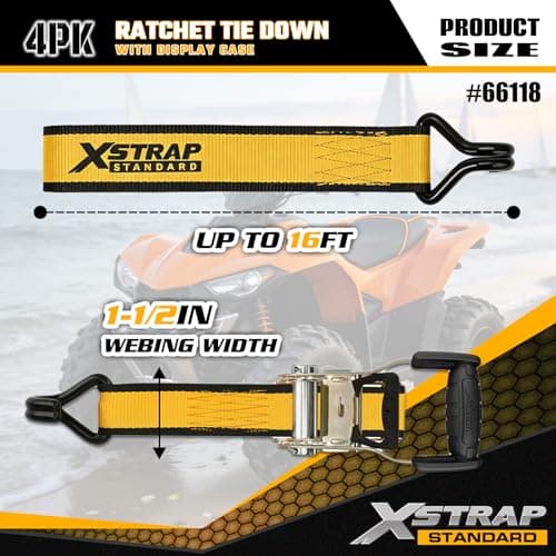 XSTRAP 4 Pack Ratchet Straps 1.5" x 16ft 3,300lbs Break Strength Tie Down Straps, Ergonomic Handle with Double J Hooks & Ammo Storage Box for Truck, Trailers, Motorcycle, ATV & Boat (Yellow) - Thumbnail 3