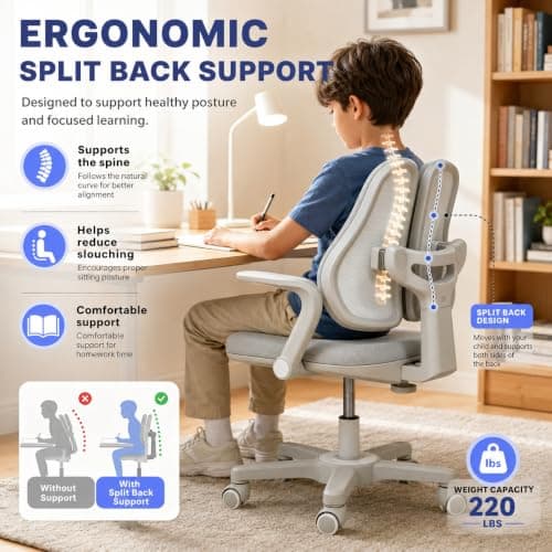 Ergonomic Kids Desk Chair with Adaptive Lumbar Support, Flip-Up Armrests & Adjustable Height — Breathable Study Chair for Ages 3-12, Ideal for Home Bedroom or Reading Nook - Thumbnail 3