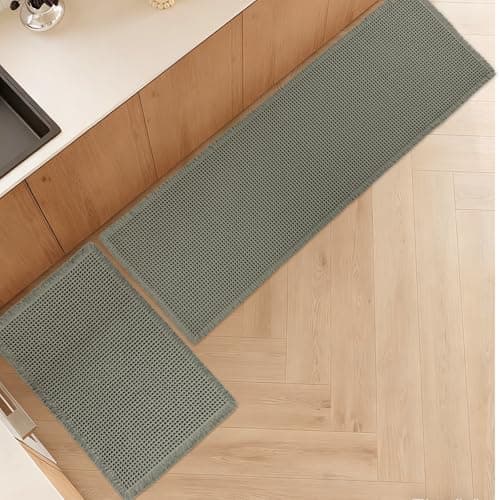 Siyaluens Luxury Waffle Bath Mat, Super Absorbent Non Slip Bathroom Rugs, Boho Ultra Soft Comfort Machine Washable Quick Dry Floor Mats with Tassels (Olive Green, 17" x 24" + 24" x 72")