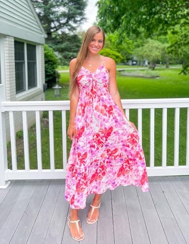 GRACE KARIN Women's Summer Boho Dress Floral Print Spaghetti Strap Tie Front V Neck Long Maxi Dress Beach Sundress - Thumbnail 2