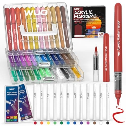 WUO 36 Colors Acrylic Paint Markers with Extra 12 Replaceable Ink Cartridges, Automatic Ink Control Brush Tip Water-Based No-Bleed Waterproof Paint Pens for Rocks Painting, Canvas, Glass, DIY Art - Image 1