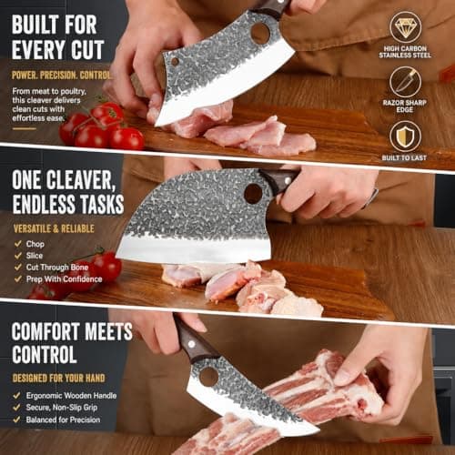 Plys Forged Butcher Knife Set: Comfortable Handle for Long Use - 3PCS Viking Kitchen Knives Set for Mens - Handmade Cooking Meat Cleaver for Cutting and Chopping - Thumbnail 3