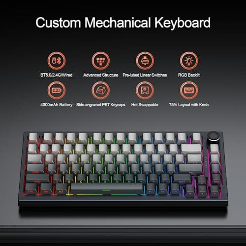 Gurjot Wireless Mechanical Keyboard, 75% Hot Swappable Custom Keyboard with Knob,PBT Keycaps,BT5.0/2.4GHz/USB-C,RGB Backlit, Mechanical Gaming Keyboards for PC/Tablet/PS/Xbox - Thumbnail 2