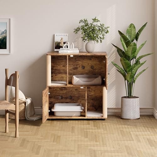 Garvee Double Layer Cat Litter Box Furniture, 2 in 1 Hidden Litter Box Furniture with Scratching Post and Litter Mats, Wooden Corner Cabinet Cat Washroom Bed - Thumbnail 2