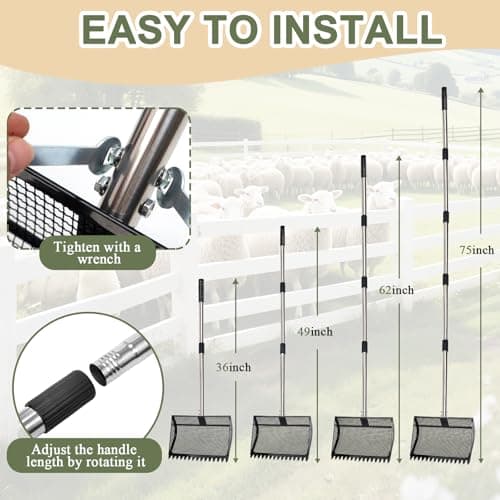 XOTTI 12 Inch Large Chicken Poop Scooper & Rake 2-in-1, Metal Chicken Coop Scoop with 36 to 75" Adjustable Stainless Steel Handle, Durable Sand Litter Sifting Shovel for Farm Animals - Thumbnail 4