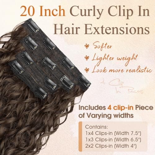 PHADRIA Curly Clip in Hair Extensions,4PCS 20 Inch 100％ Pure Protein Silk Hair Extensions long Soft Natural Hairpiece Lace Weft Curly Wave Clip Ins Extensions Invisible for Women(Medium Brown) - Thumbnail 4