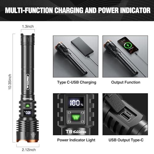 WdtPro Rechargeable LED Flashlights High Lumens, Super Bright 90000LM Rechargeable Flashlight with LCD Display, 5 Modes & Waterproof Powerful 10000mAh Handheld Flashlight for Camping Emergency - Thumbnail 4