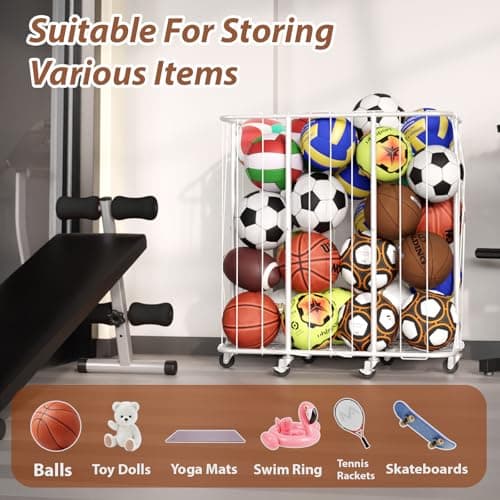 YKDIRECT 250L Rolling Ball Organizer with Locking Wheels - Large Sports Storage Basket for Basketball Soccer Football Volleyball, Steel Garage Equipment Cart with Elastic Rope for Household Storage - Thumbnail 5