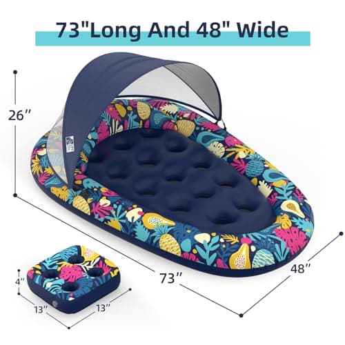 Sunikko X 3-in-1 Pool Floats with Canopy Cup Holder, Tanning Pool Large 73" x 48" Float Adult Heavy Duty, Inflatable Lounger Raft Floating Chair with Backrest, Swimming Pool Lake Beach Party - Thumbnail 3