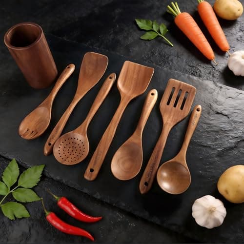 Wooden Spoons for Cooking - 8-Piece Wooden Kitchen Utensil Set made of Natural Solid Wood Material-Includes Spoons,Spatulas,Ladles,Mixing Spoon and Utensil Holder,Valentine's Day Gifts - Thumbnail 4