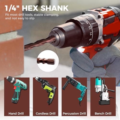 Masonry Drill Bit Set 10 Pcs (1/8"-1/2"), Four Blade Serrated Eccentric YG6T Carbide Drill Bits for Concrete, Cement, Brick, Tile, Marble, Glass and Wood, 1/4" Hex Shank, with Storage Case, Brown - Thumbnail 5