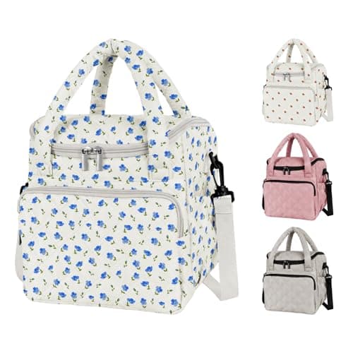 Women's Insulated Lunch Tote Bag - Inch Quilted Lunch Box for Women, Large Waterproof Cooler Bag with Pockets for Work, Picnic, Adult (blue flower) - Image 1