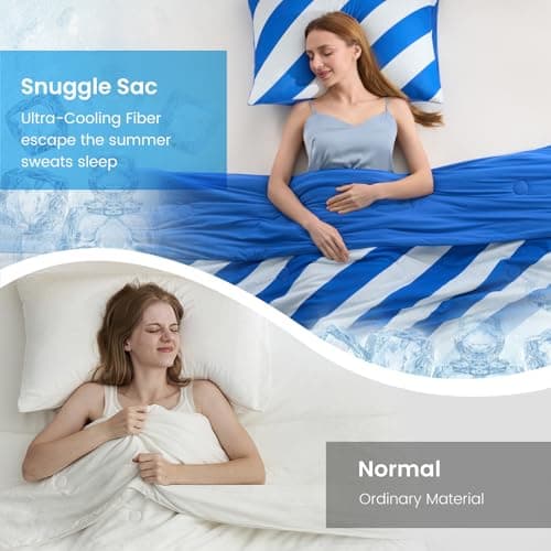 Snuggle Sac Mediterranean Stripe Cooling Comforter Twin Size Set, Q-Max ＞0.45 Cooling Blanket for Hot Sleepers & Night Sweats, Double-Sided Cool Tech Lightweight Breathable Summer Quilt, 68x90 Blue - Thumbnail 3