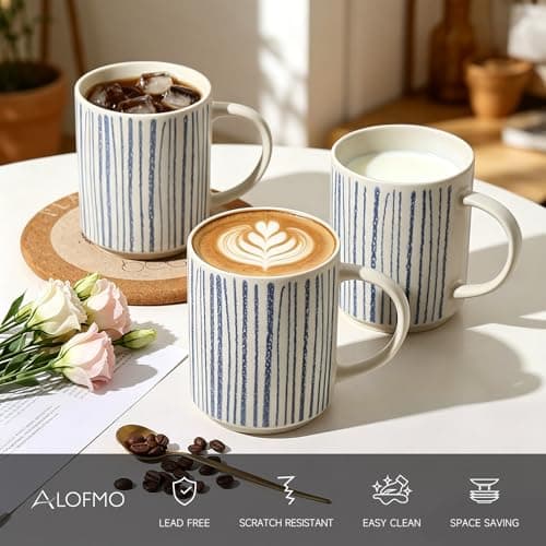 ALOFMO Ceramic Mugs Set of 6, Modern 17oz Coffee Mugs, Stackable Coffee Cups with Handpainted Blue Stripe Pattern, Dishwasher and Microwave Safe Mugs for Home & Office - Thumbnail 3
