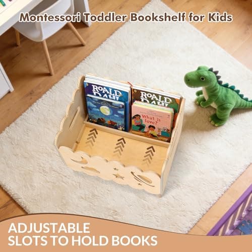 Kids Bookshelf, Montessori Toddler Bookshelf for Kids 2 Adjustable Dividers - Thumbnail 6