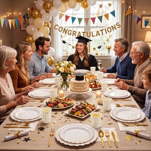 Xiangqu 175 Pcs White and Gold Paper Plates and Napkins, Disposable Gold Party Dinnerware Include Scalloped Party Plates Napkin Cups Plastic Cutlery for Birthday Wedding Graduation Congratulations - Thumbnail 4