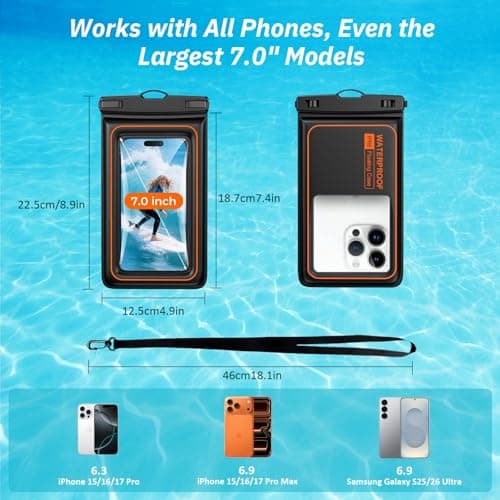 UOEPOWA Floating Waterproof Phone Case (2-Pack) - IP68-Rated Waterproof with Neck Strap, Suitable for Swimming and Outdoor Sports, Compatible with All 7.0-inch Models (Black) - Thumbnail 6