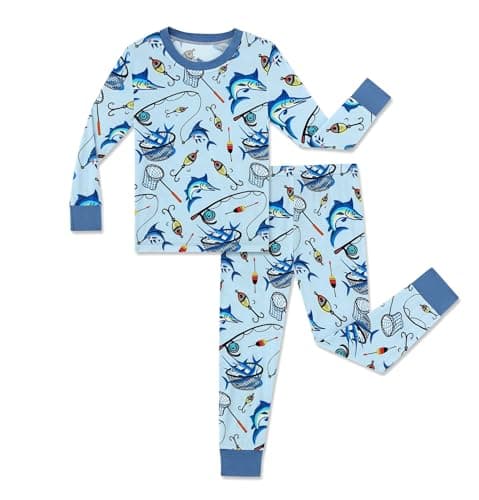 NewSeed So Soft Kids 2-Piece Viscose from Bamboo Outfit Set, Long Sleeve Top & Leggings, Cozy Base Layer for Boys & Girls (Fishing rod and Fish, 11-12Y) - Image 1