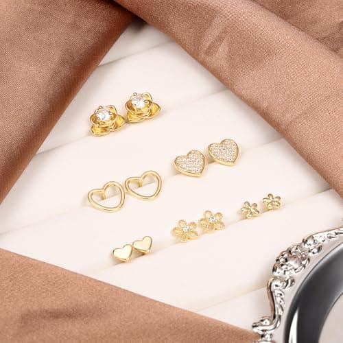 ALEXCRAFT Small Gold Stud Earrings for Women Cubic Zirconia Earring Studs Cute 14k Gold Plated Heart Flower Earing Pack 6 Pairs - Thumbnail 3