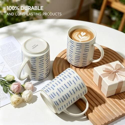 ALOFMO Coffee Mugs Set of 6, 17oz Ceramic Mugs with Handpainted Blue Gray Stripe Pattern, Modern Stackable Coffee Cups, Dishwasher and Microwave Safe Mugs for Home & Office - Thumbnail 5